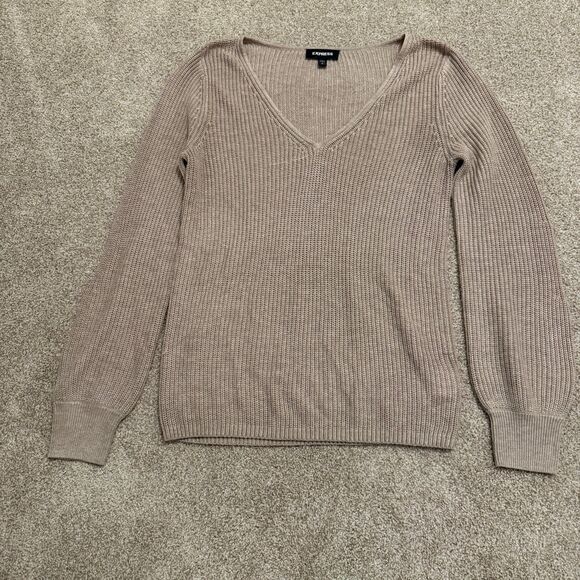 Express V-Neck Ribbed Long Puff Sleeve Knit Sweater Pink Beige Women's Small - Picture 6 of 9